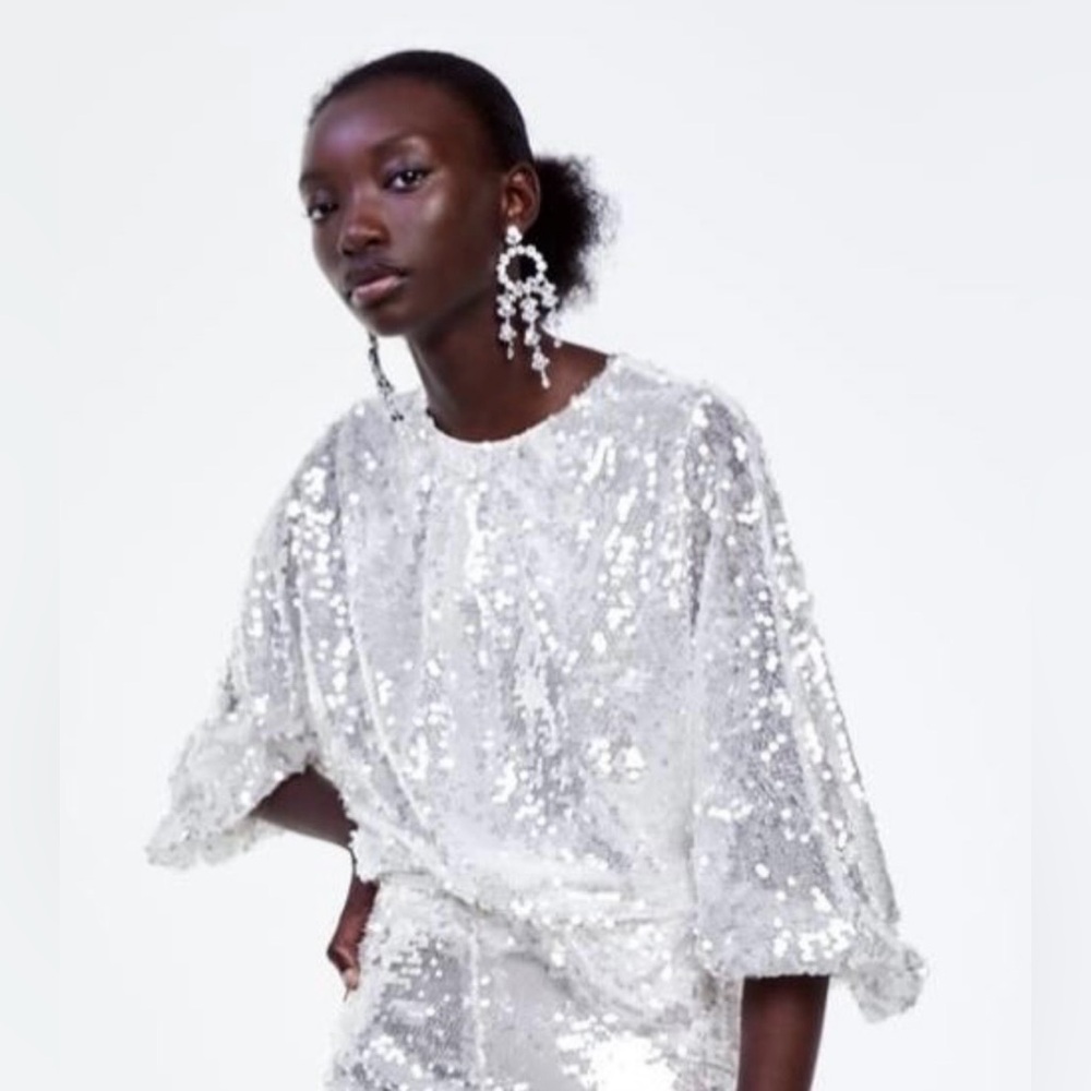 Zara sequin blouse top billowy voluminous white silver appliqué iridescent S